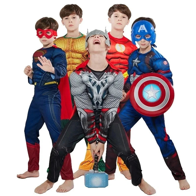 Superhero Spider Man Captain America Iron Man Thor Hulk Batman Cosplay Costume Muscle Bodysuit Jumpsuit for Kids Halloween Party