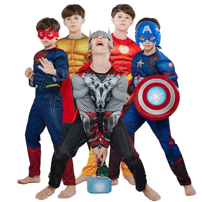 Superhero Spider Man Captain America Iron Man Thor Hulk Batman Cosplay Costume Muscle Bodysuit Jumpsuit for Kids Halloween Party
