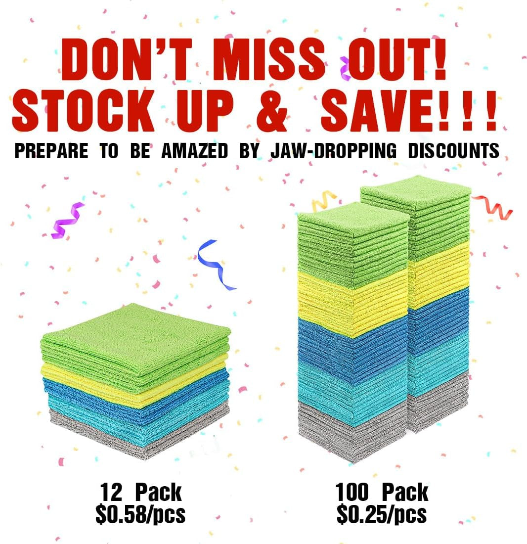 Microfiber Cleaning Cloths 100 Pack, Highly Absorbent Cleaning Towels, Lint Free & Scratch-Free Cleaning Rags for House, Kitchen and Car, Multi-Color Microfiber Towels 11.5 X 11.5 Inch