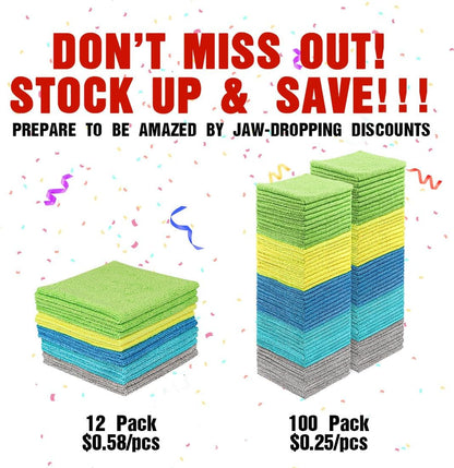 Microfiber Cleaning Cloths 100 Pack, Highly Absorbent Cleaning Towels, Lint Free & Scratch-Free Cleaning Rags for House, Kitchen and Car, Multi-Color Microfiber Towels 11.5 X 11.5 Inch