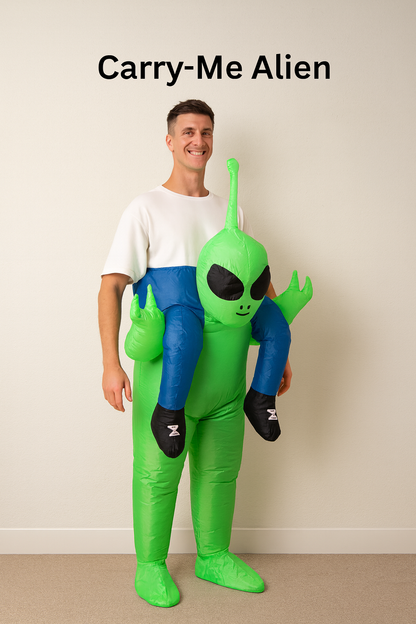 Person wearing a green alien costume with 'Carry-Me Alien' text above.