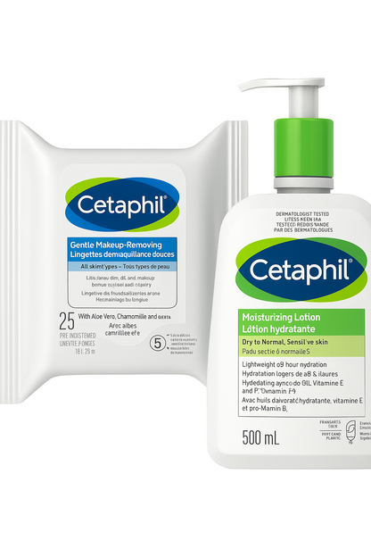 Cetaphil Gentle Makeup Removing Wipes with Aloe Vera + Cetaphil Moisturizing Lotion 500mL