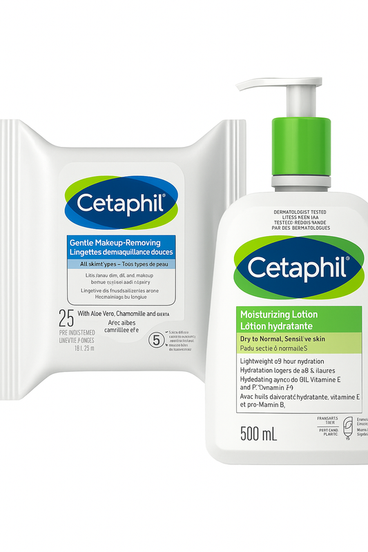 Cetaphil Gentle Makeup Removing Wipes with Aloe Vera + Cetaphil Moisturizing Lotion 500mL