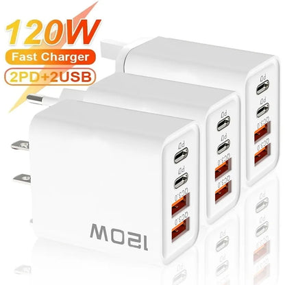 PD 120W 4 Ports USB C Charger Quick Charge 3.0 Type C USB Phone Chargers Fast Charging Adapter for Samsung Iphone Xiaomi Huawei