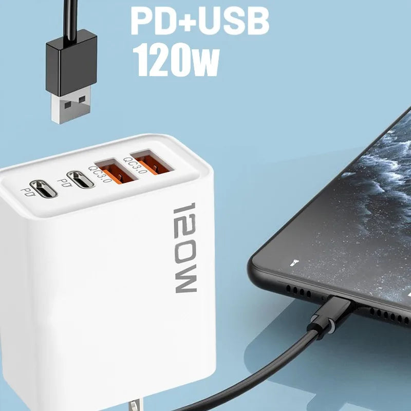 PD 120W 4 Ports USB C Charger Quick Charge 3.0 Type C USB Phone Chargers Fast Charging Adapter for Samsung Iphone Xiaomi Huawei