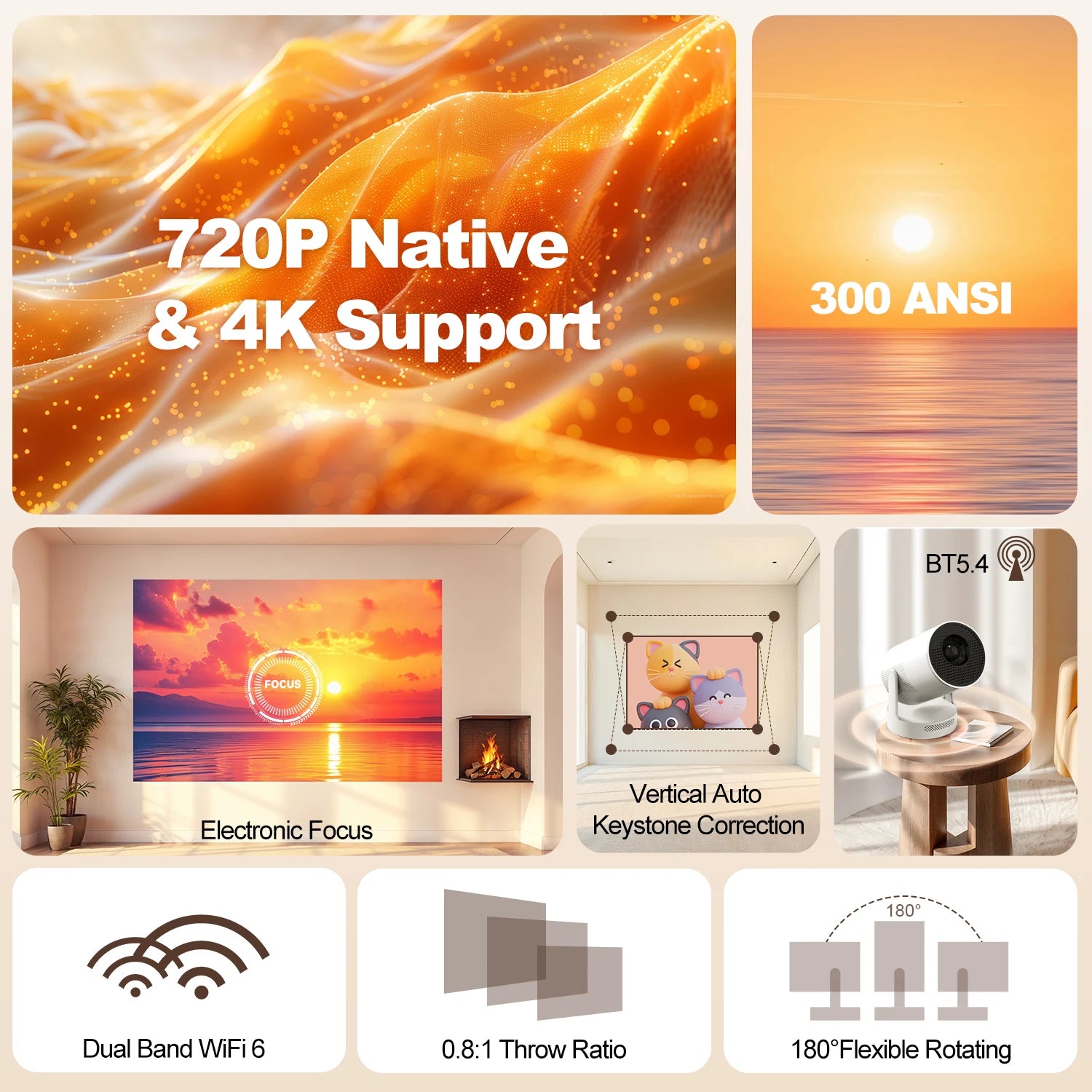 Electronic Focus HY300 Ultra Portable 4K Projector with Speaker 300ANSI Outdoor Movie Android11 BT5.4 Camping Projector